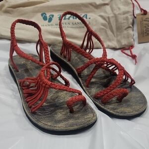 Braided Red Rope Women's Sandals with Ankle Tie
